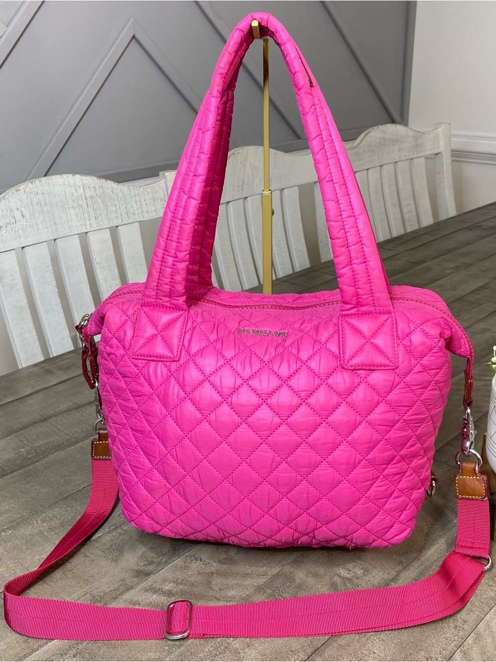 MZ Wallace Medium Sutton Deluxe Quilted Nylon Tote Bag Pink